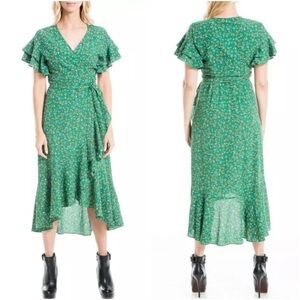 Green Floral Wrap Midi Dress with Ruffle Sleeves